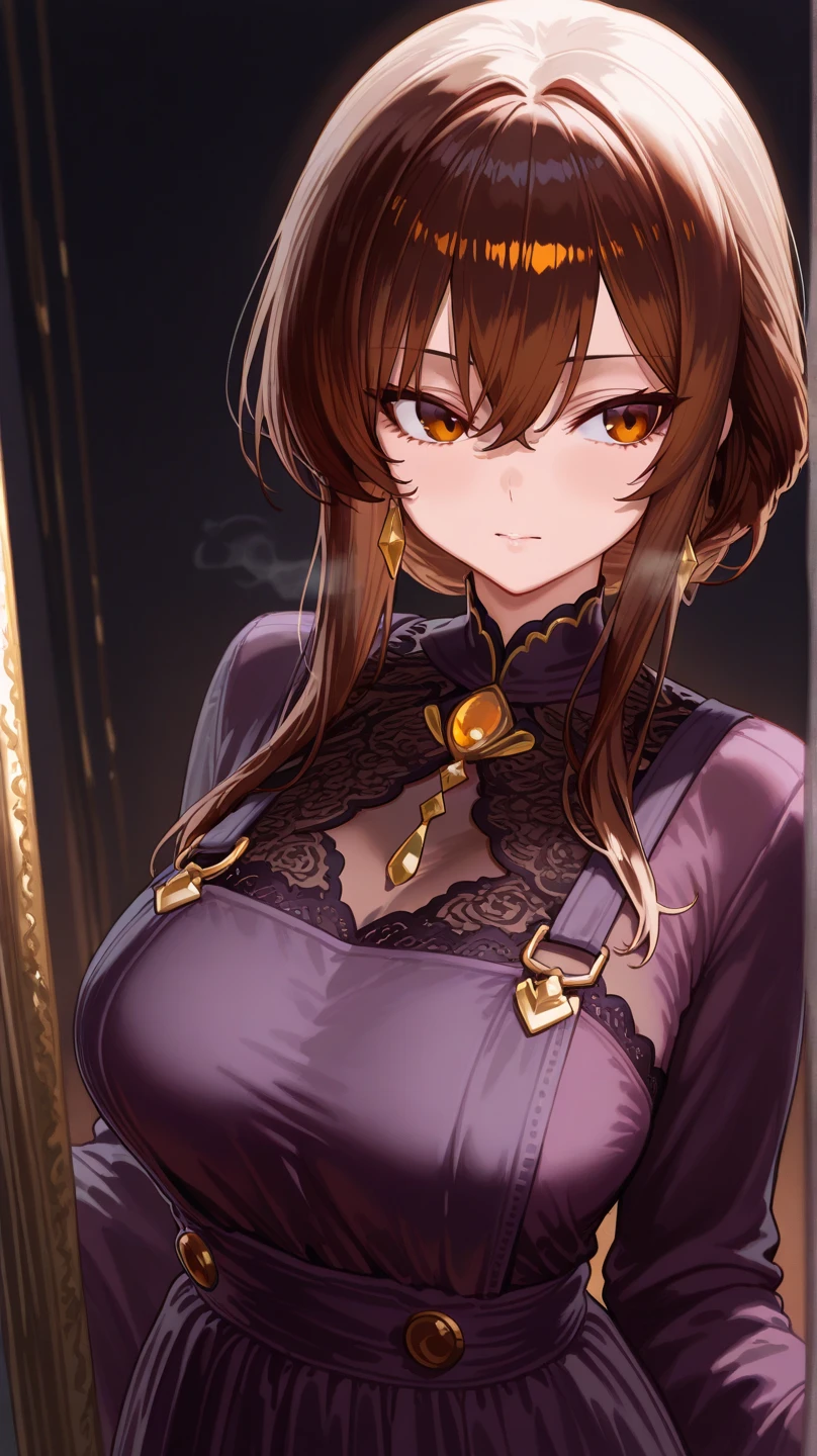 high quality, super quality, (detailed face:1.5) ,beautiful woman , golden eyes, long hair , (lace night wear :1.2) , sharpe eyebrow , beautiful bangs are covering her eyes , (huge breast:1.4) , upper body , see-through wear ,