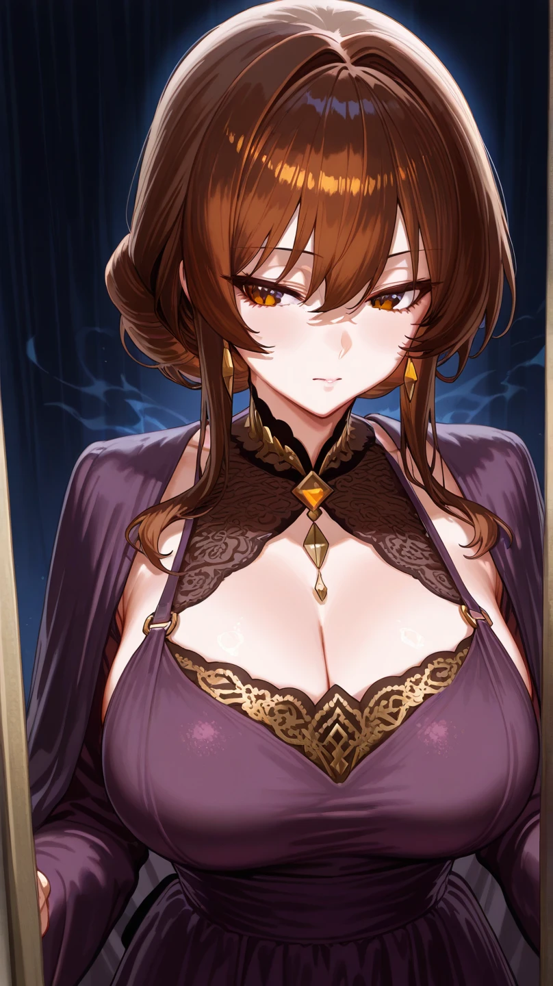 brunette woman, black fur, big tits