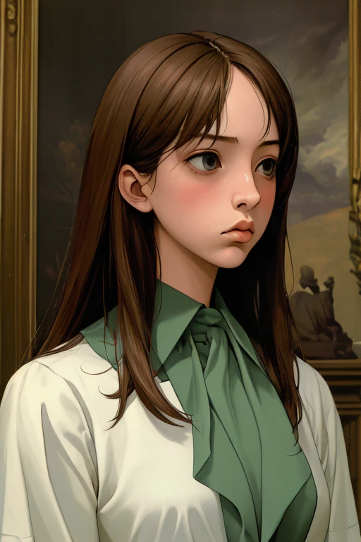 a young woman with dark brown hair, beautiful detailed green and blue eyes with central heterochromia, turtleneck sweater, pencil skirt, pantyhose, high quality, masterpiece, ultra-detailed, realistic, photorealistic, physically-based rendering, vivid colors, studio lighting, sharp focus, professional photography, solo, cowboy shot, simple background, tan skin