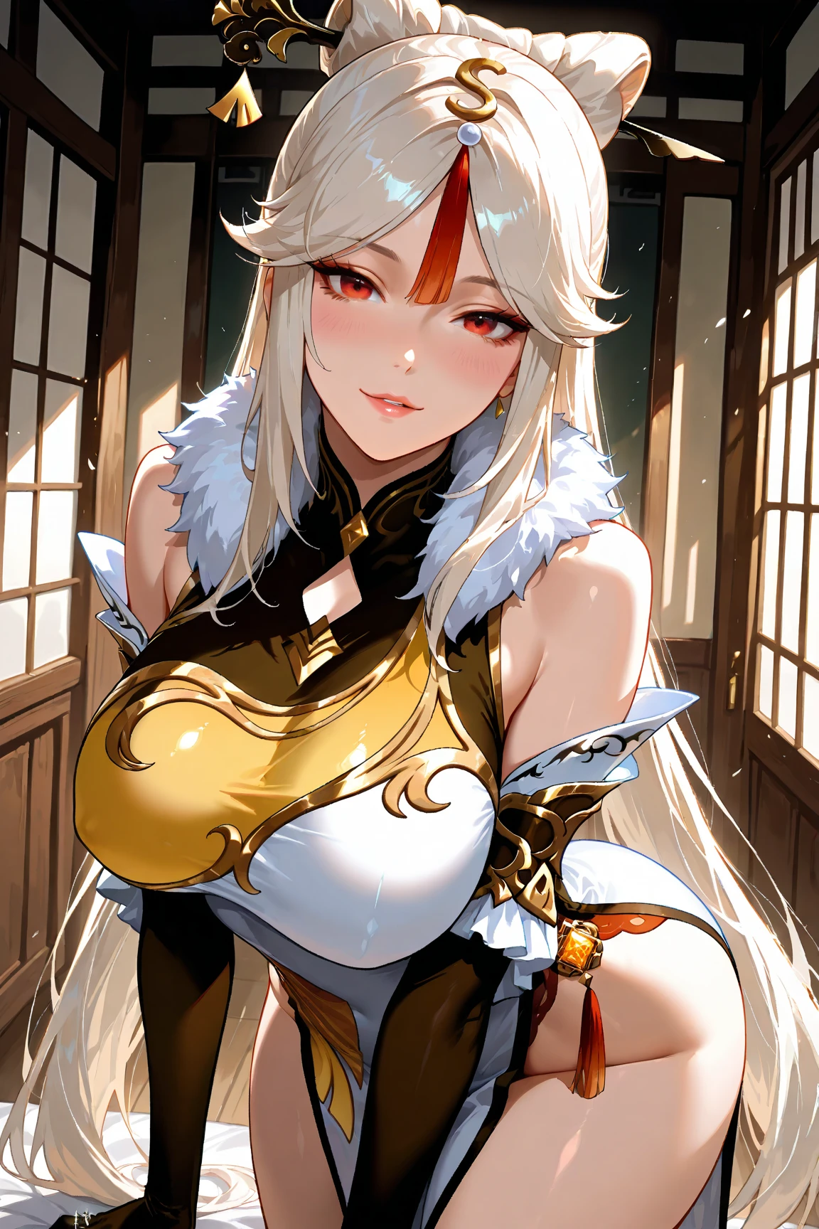 White skin, (Fox ears), looking at viewer, doe eyes, Exquisite eyes,Red Eyeshadow, Red lips,cute laugh, Ukiyo-e, masterpiece, high quality, at the lowest limit, Tiny,White boots,Huge breasts,Bare shoulders,,Lace,Lace stockings,Lace skirt