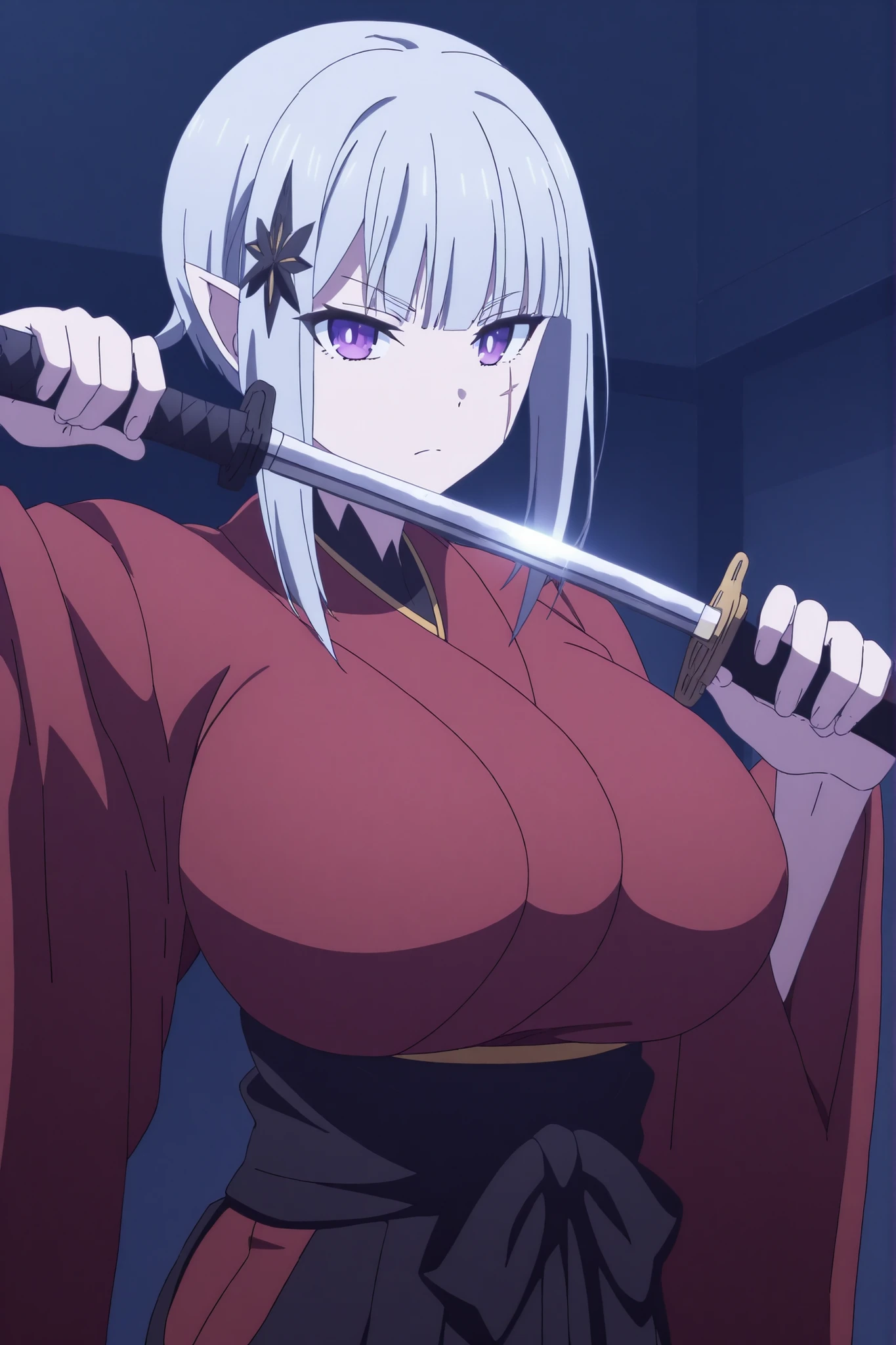score_7_up, anime screencap, Satella, 1girl, Anime, 1girl, pointy ears, hair ornament, silver hair, purple eyes, japanese clothes, sword, wide sleeves, kimono, holding weapon, sketch, scar, holding sword, katana, sheath, hakama, scar on face, sheathed, serious, red kimono, scabbard, unsheathing, scar on chest, huge breasts,