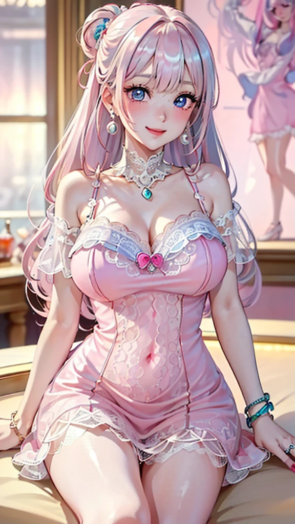 ((1 girls), solo, clevage, Big round breasts, trendy, stylish, clevage, thighs, hips, realistic, pink hair, blonde hair, light green eyes, lip gloss, detailed face, amazing big eyes, eye details, big lips, eyebrow details, blush, smirk, naughty, mischevious face, HD, good quality, kitchen, lolipop, licking lolipop, tongue