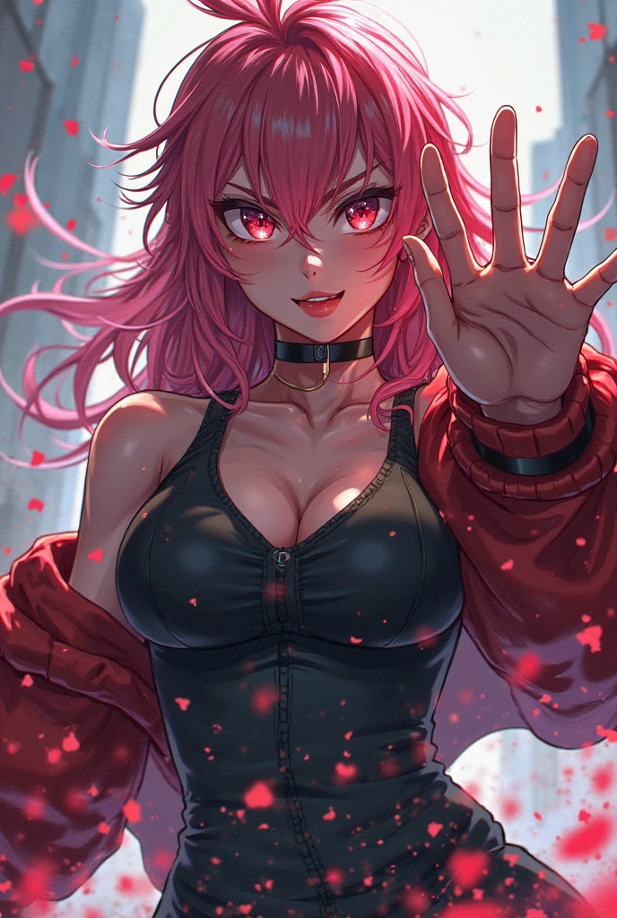 underdressing,Expression of disgust,Expression of disgust,Red Eyes,Sweat,Soaked,liquid,transparent,Cropped tops,succubus,pink