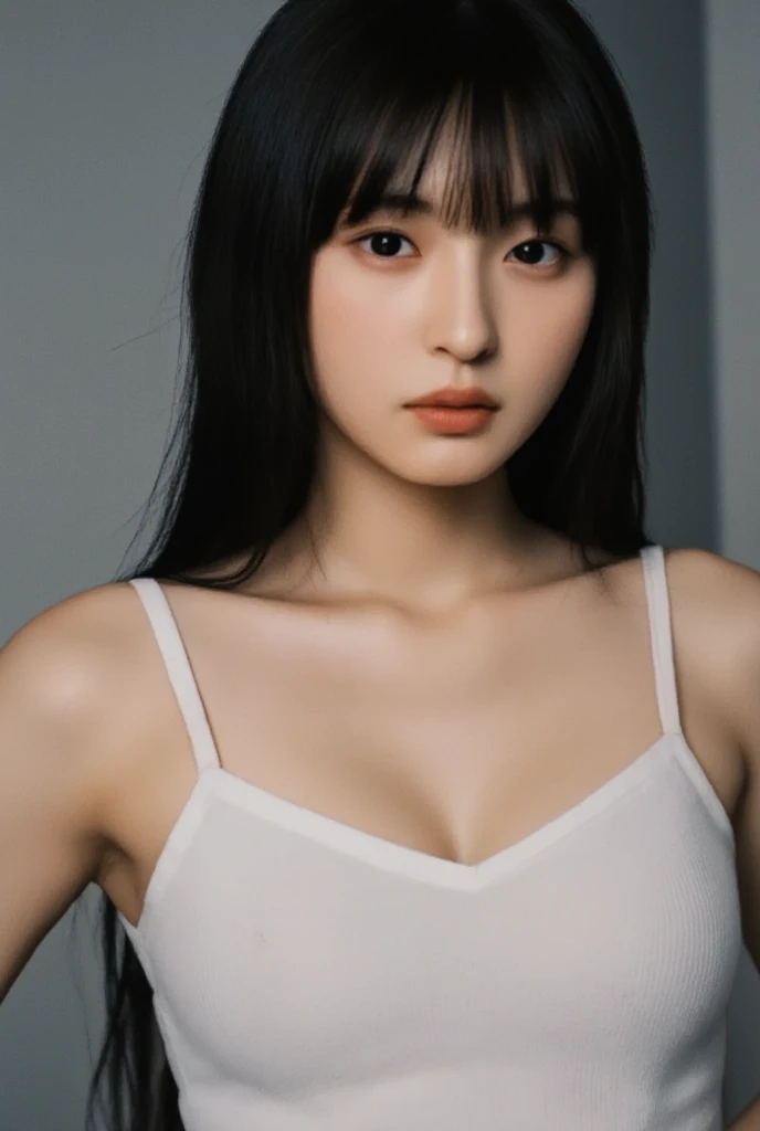 Sculpting sexy poses, (masterpiece:1.3), (8K, Realistic, RAW Photos, Highest quality:1.4), (1 female), Beautiful Face, Realistic face, (Detailed face), Beautiful Hairstyles, (Detailed Hair), Realistic eyes, (fine grain), Beautiful details, Realistic skin, (Detailed skin), Beautiful Skin, charm, Ultra-high resolution, Surrealism, Very detailed, (Large Breasts:0.5), The Beauty of Japan, (the body is slim), (Sexy lemon yellow cardigan), Mild, Brown Hair, (Supermodel body type), Cute Japanese Girl, Cute young Japanese girl, (Simple gray background), Large Breasts :1.2, Improved division, shy, Wide Shot, (whole body), (Solo Mesh Bra Lemon Yellow : 1.5),Long Hair,Red lipstick,((There'There is a big gap between the legs))