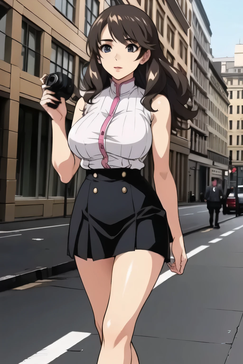 Can you draw a dark blue pleated miniskirt,please draw her expression more delicately,walking alone, city tour ,,(((she is wearing casual tourist wear))), I have a SLR camera ,(Let's draw a more delicate look),(sleeveless wool sweater),( pleated legs,white panties),(That work is enough for one person {X} is very important for work)、 it's a great enough piece on its own,Don't fix your face。unless you need it for work。 {X}、 , An attractive 40 year old adult woman is jumping out of her uniform, Big black wavy hair, , Big Breasts, Thin Waist , , ,