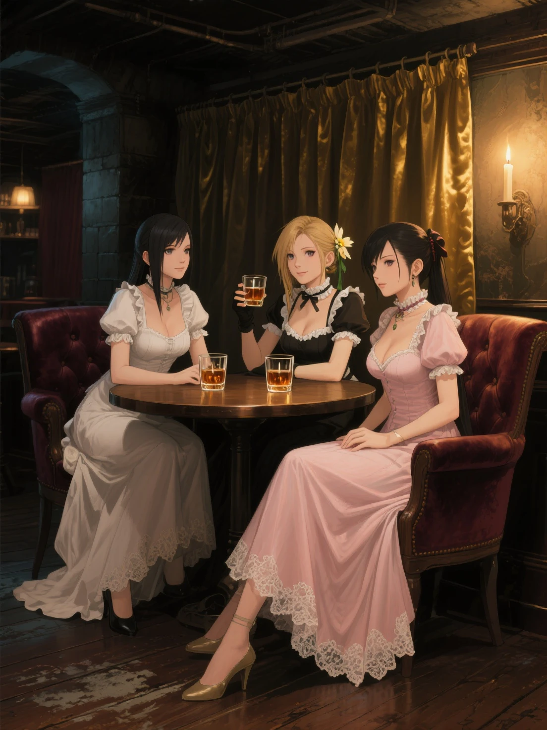 ((best quality)), ((work of art)), ((detailed)), man with short white hair, sitting at a bar table, with two women wearing white dresses, one woman with brown hair and bangs, and another woman with blonde hair.