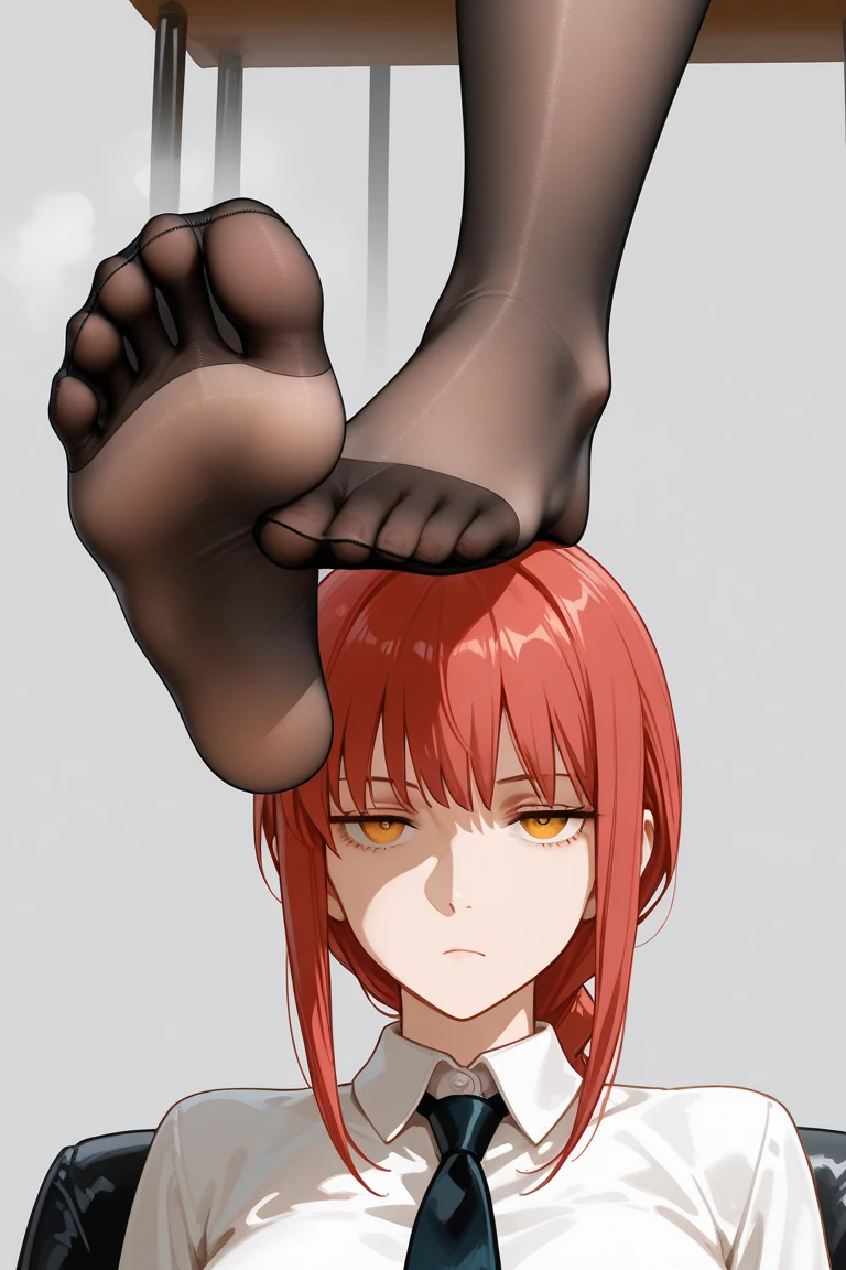 Makima, 1girl, necktie, solo, shirt, ringed eyes, black necktie, braid, pants, cloud, collared shirt, braided ponytail, shirt tucked in, red hair, white shirt, arms behind back, sky, outdoors, huge breasts, bangs, breasts, black pants, sidelocks, formal, yellow eyes, cloudy sky, medium hair, long sleeves, suit, office lady, high-waist pants, long hair, orange eyes, big ass, blowjob, from side, big penis, deepthroat, oral sex, fellatio, ass up, top down bottom up, kneeling, leg spread