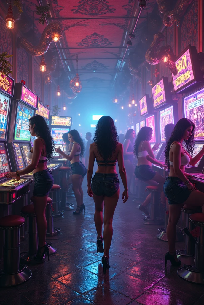 TWO SEXY WOMEN IN LINGERIE GRABBING A MICROPHONE, money, AND A GUN AND A LARGE ARTWORK IN HIS HANDS