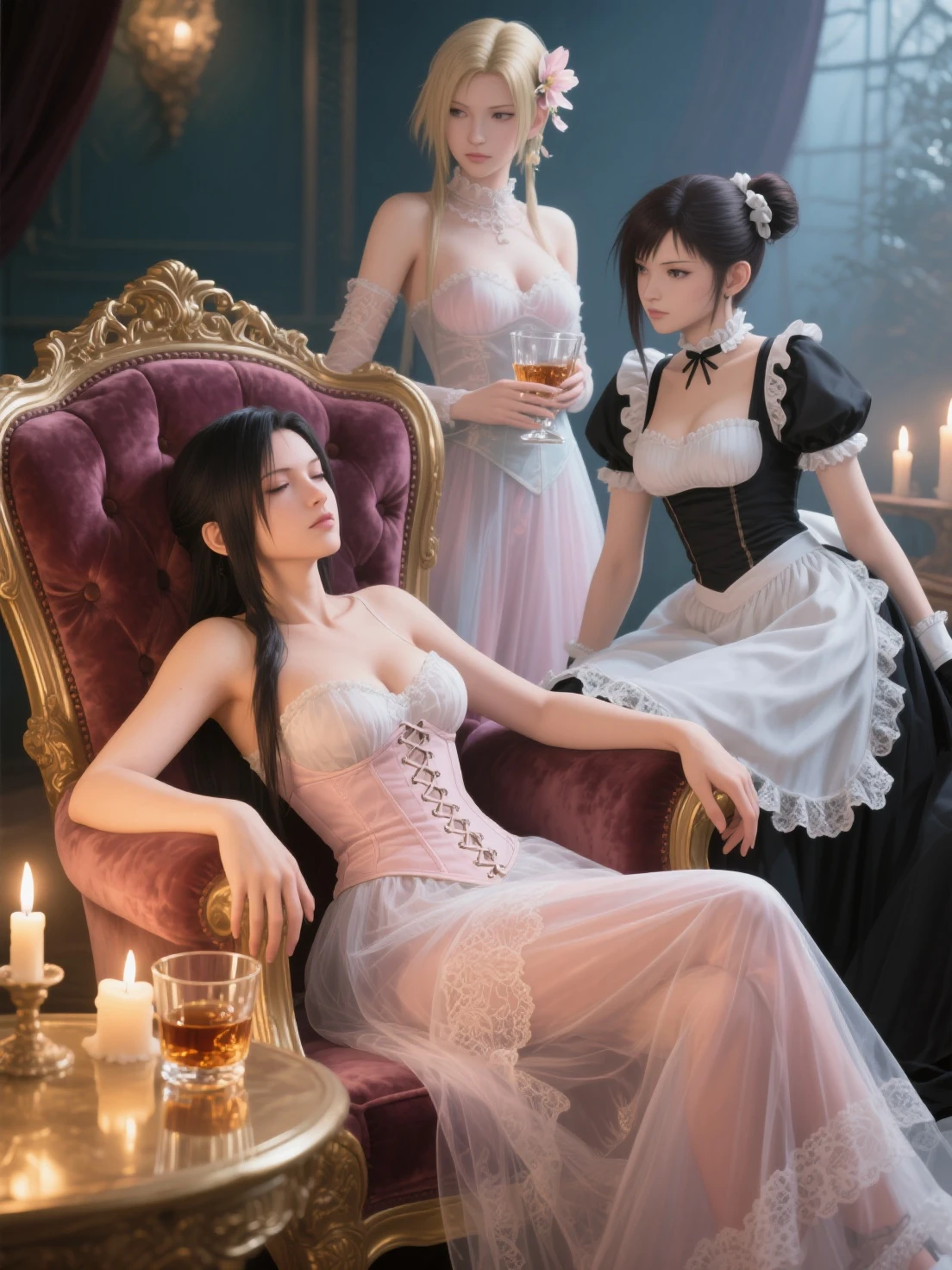 Join a glamorous soiree on a vineyard terrace, onde uma mulher elegantemente vestida com roupas inspiradas em uvas se mistura com os convidados. Os ricos tons de roxo e verde das uvas e folhas de videira contribuem para a atmosfera sofisticada.