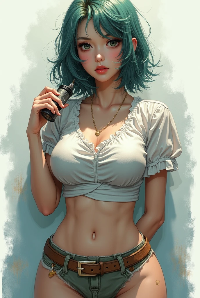 masterpiece,best quality,highly detailed,high resolution,4K,8K,super detailed skin,detailed beautiful eyes,detailed beautiful face,solo,BREAK,from above,full body,standing,arm behind back,BREAK,DOA,Tamaki,official art,adult woman,turquoise green hair,short bob haircut,hairs between eyes,BREAK,long eyelashes,dropping eyes,emerald green eyes,mole under eye,curvy,large breasts,BREAK,(short sleeve front tie plain white collared shirt,plunging necklines:1.4),(strapless,midriff,navel,collarbone,cleavage cutout:1.4),BREAK,close fitting ultra low rise,(red pleated skirt),BREAK,(eyelet belt, grommet belt,bracelet,anklet:1.3),

