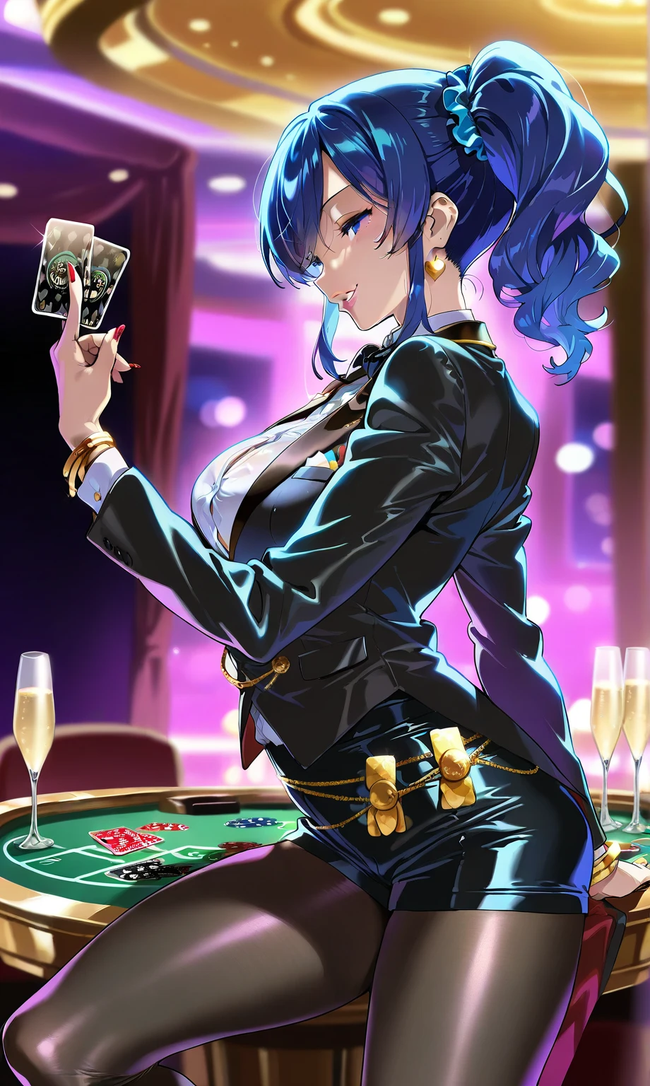 Young beautiful woman,(Highest quality,Extremely detailed depiction,Incredibly absurd high resolution,Anatomically accurate depiction),(Glowing Skin,Shiny skin),(Female dealer holding cards:1.5),(Perfect body,Gorgeous earrings,Bracelet),(Wicked Smile,blush,eyelash,Purple Eyes,Eyes half closed:1.3,Glossy red lipstick,There is cleavage in the chest,Large Breasts),background:Luxury Casino,card table,Champagne,Decadent atmosphere
