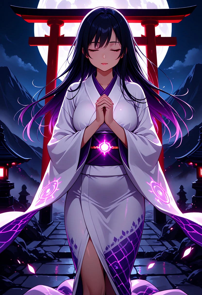 Simple White Background,
Dynamic poses,stand at attention,
White_kimono,long sleeves, Wide sleeves, 
purple_hair, long_hair, hair_pull_Back,separate_Lips,purple_Eye, single_Weaving,
1 girl, 20 years old,Young women,beautiful long legs,beautiful body,
beautiful Nose,beautiful character design, perfect Eye, perfect Face,expressive Eye,Perfect balance,
Looking at the audience,(Focus on her Face),Shut up, (Innocent_Large target_Eye:1.0),(Light_Smile:0.3),
Official Art,Extremely detailed CG unity 8k wallpaper, Perfect lighting,rich and colorful, bright_front_Face_Lighting,White skin,
(masterpiece:1.0),(the best_quality:1.0), 超high resolution,4K,Extremely detailed,
photography, 8K, Human Development Report, high resolution, absurd:1.2, Kodak Portra 400, Film Grain, blurry Background, Bokeh:1.2, 镜头Light晕, (Energetic_color:1.2),专业photography师,
(beautiful,Large target_breast:1.4), (beautiful_Face:1.5),(narrow_waist),