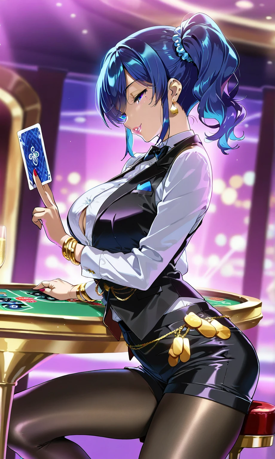 Young beautiful woman,(Highest quality,Extremely detailed depiction,Incredibly absurd high resolution,Anatomically accurate depiction),(Glowing Skin,Shiny skin),(Female dealer holding cards:1.5),(Perfect body,Gorgeous earrings,Bracelet),(Wicked Smile,blush,eyelash,Purple Eyes,Eyes half closed:1.3,Glossy red lipstick,There is cleavage in the chest,Large Breasts),background:Luxury Casino,card table,Champagne,Decadent atmosphere