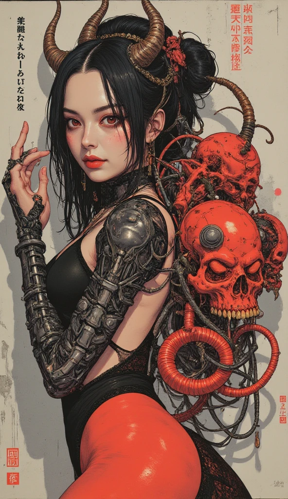 a close up of a woman with a skeleton face and a red background, demon woman, woman made of black flames, scary color art in 4 k, alluring and terrifying, snake-face lady, dark goddess with six arms, stefan gesell, karol bak uhd, anime skull portrait woman, beautiful octopus woman, snake woman hybrid, skeleton girl, snake woman