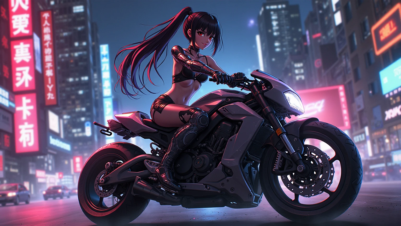 vampire anime girl with glowing red eyes,small chest, wearing black crop top jacket riding a motorcycle in a dark forest facing the viewer