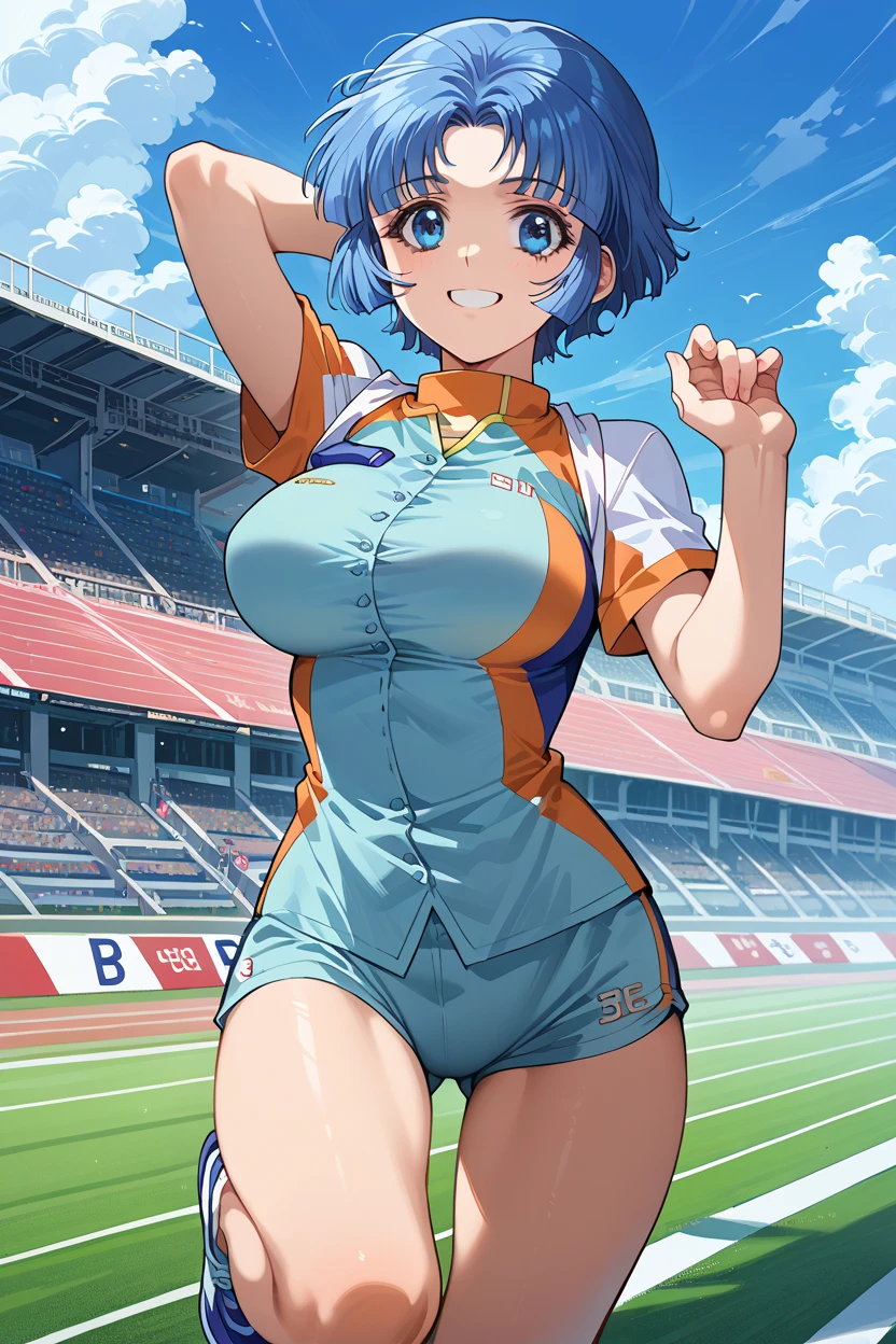 michirutojo, masterpiece, Looking at Viewer,
blue hair, large breasts,

racing suit,
Wink, Smile, Open mouth, blush,