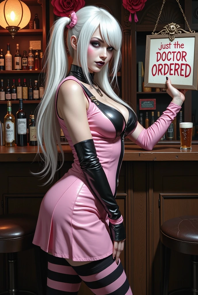 Full figure, photorealistic, high resolution, soft light, 1 woman, alone, busty, pink hair, green eyes, some freckles on her face, wearing a white latex corset, white latex boots with high steel heels.