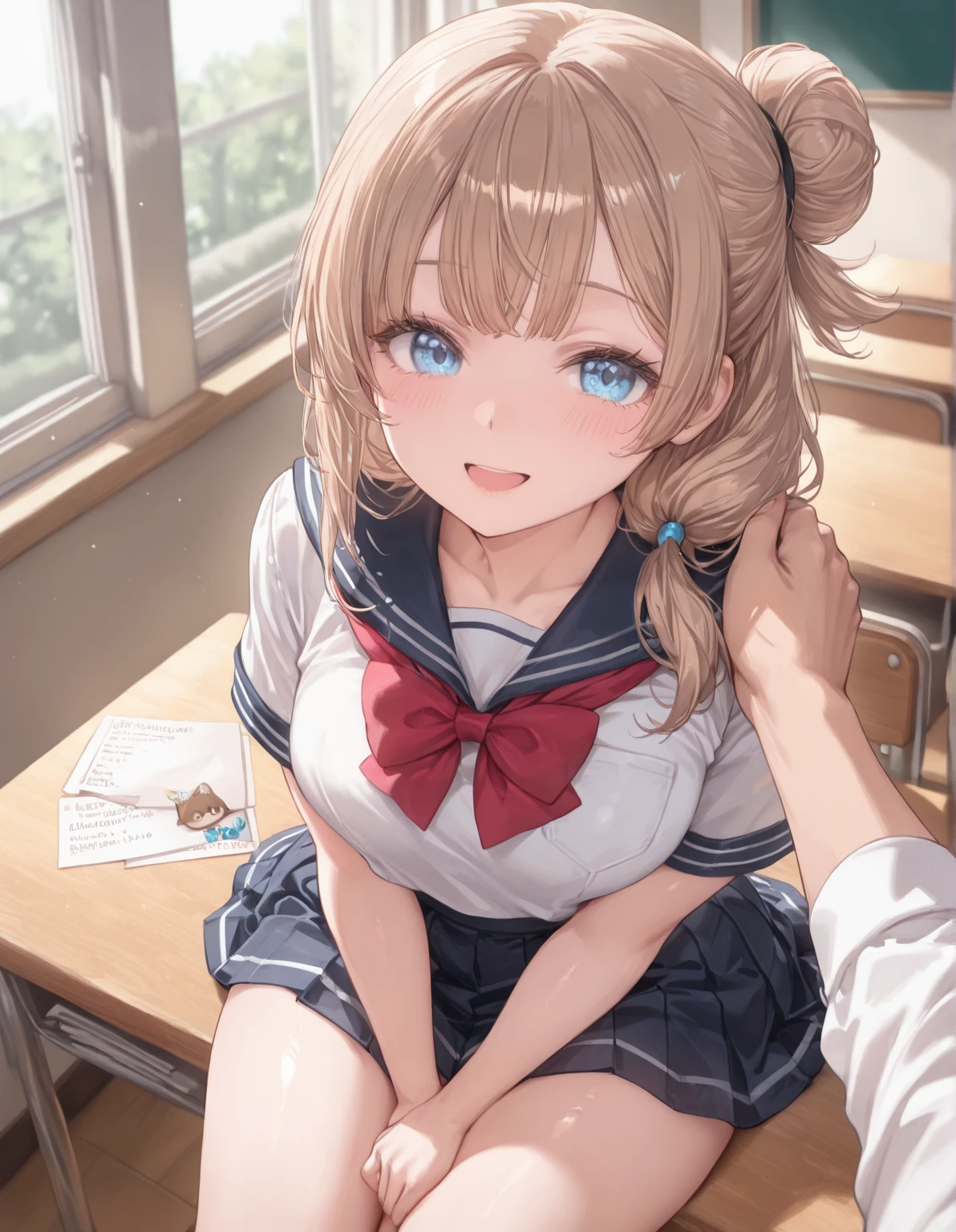 (Highest quality:1.24K, 8K, Very detailed, up to date, Vibrant, High detail, masterpiece:1.2, Highest quality, Best aesthetics), (((1 Girl))), JK, Sailor suit, Pleated skirt, Please open your mouth a little:1.2, smile, (Light brown hair, Voluminous side ponytail), Dynamic Angle, Friendly atmosphere, Beautiful Hair, Shiny Hair, Beautiful Skin, Detailed face and eyes, Glossy Lips, Curvy Women, bed:1.2, Lie, White sheets, Pillow, Light and shadow with attention to detail, Background Blur.