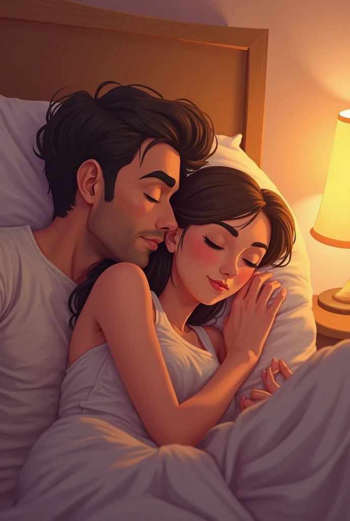 New couple sleeping on bed .Animation form