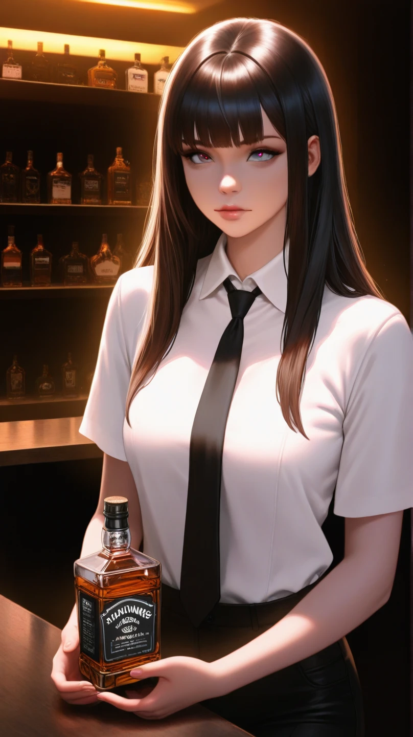 High Quality,4K,very detailed,realistic,professional,as realistic as a photo,HDR,Solitude,female,bar,[Place],Regular ,shirt,tie,intoxicated,Short sleeve,Hold, whiskey, masterpiece,最High Quality,Very Beautiful,Ridiculous Clothing,newest,地下bar,Contrast,Attractive ,is attention-grabbing,Fine,Vivid Color,Soft and elegant