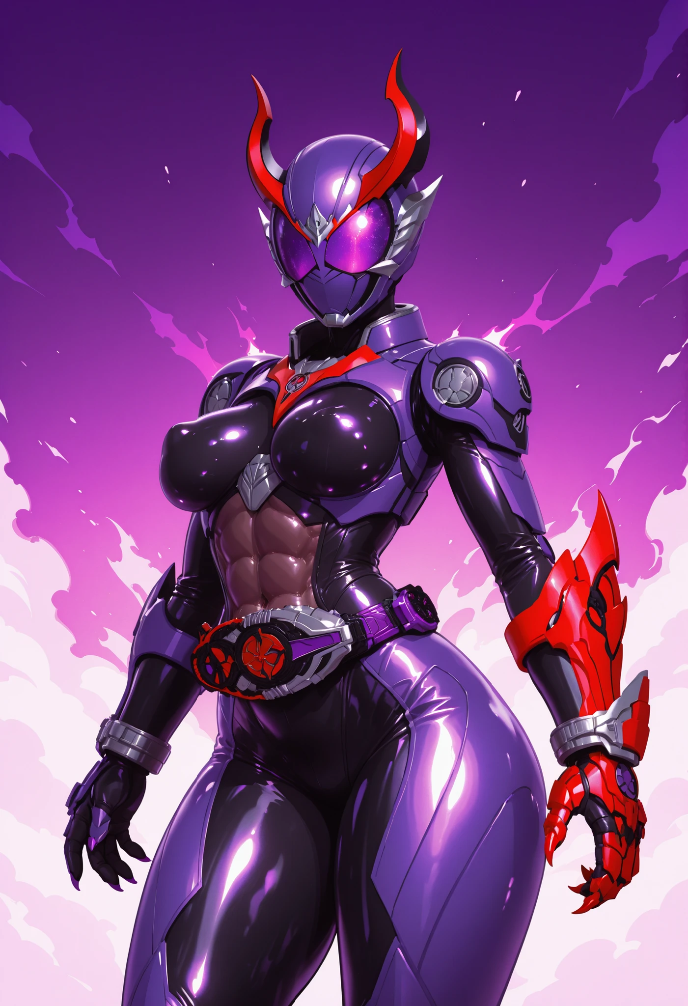 Mechanical girl. Kamen Rider elements. Succubus motif. Biological machine. Black and purple image colors. Latex and metallic. Sci-fi helmet. Glowing visor helmet. Devil horns. Perky breasts. Abs. Curvy waist. Thighs. Sharp red claws. Bladed gauntlet. Chains.