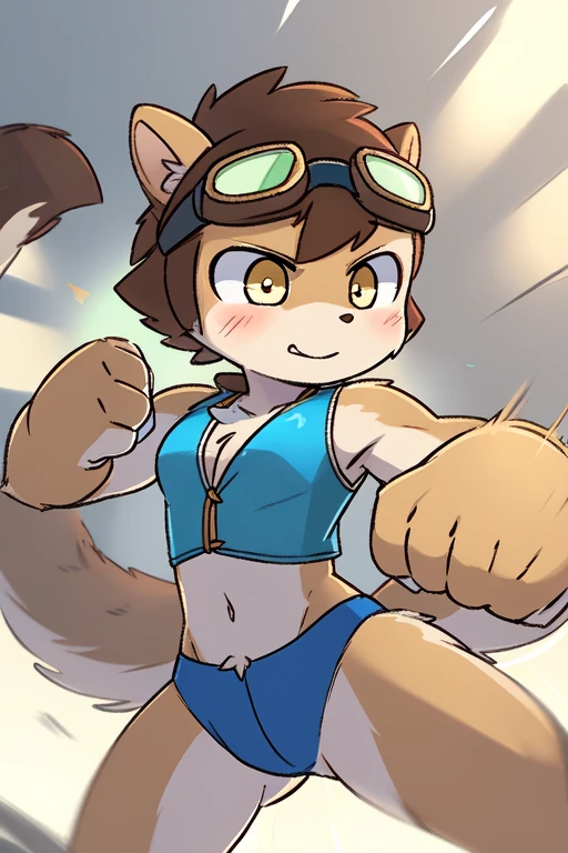 score_9,score_8_superior,score_7_superior, sauce_comics, sauce_Furry, hairy girl, young, squirrel, Brown spiky hair, Short pointed ponytail, Yellow Eyes, Small breasts, Detailed body fur, ((goggles, Blue Vest, Open clothes, Green Bikini)), masterpiece, Anime Style, Two-tone body fur, brown body fur, clear brown body fur, squirrel tail, Detailed face, Thick eyebrows, Detailed eyes, Detailed body, Beach, sunny, Fine hand, Shining Body, Shiny body, skinny, Cheeky face, (Fight, Dynamic action shots, Speed Line, Motion Blur, Fighter pose, ((Punching, fist, Punch Focus)), detailed fist, Detailed punch, superiorerbody,jigjiggie butt big butt butt show sco big breasts: 1.5)), Big Ass, with a huge butt水着, Blue Skin, Furry A naked girl holding a tray, feet, huge thick thighs, If the lower body is((Heavy Bat, Huge thighs, 非常にBig Ass, Huge oversized ass) Show your ass