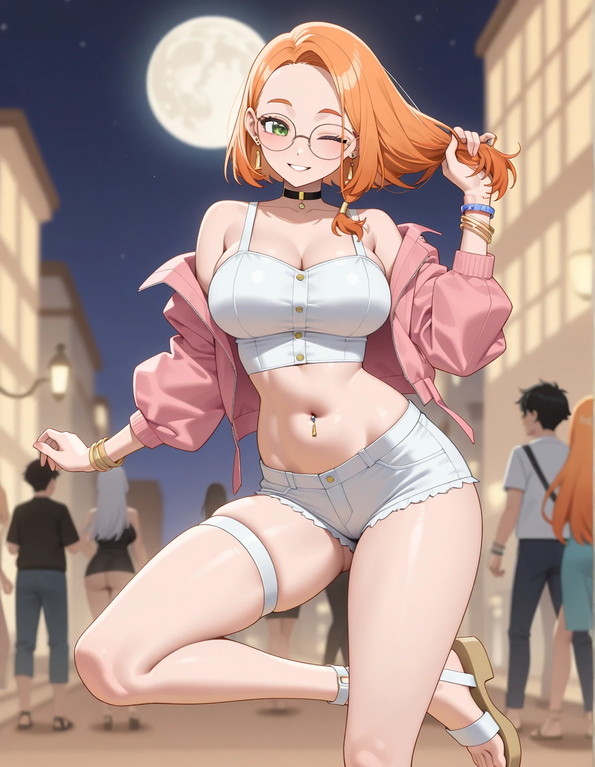 (Masterpiece, Best Quality, High Quality), professional artwork, well drawn, Intricate Details, slightly side view,solo,in village ,
Kousaka honoka, afternoon, milf, curvy body,long hair, glasses,
Orange hair, ultra detail hair, ultra detail face, perfect eyes, earring, blushing, embarrassed, clothes ornaments,magical girl leotard,bare shoulders ,(caneltoe:1.2),cleavage, thighhighs, (thighs:1.2), (crowd of men standing in background:1.2)