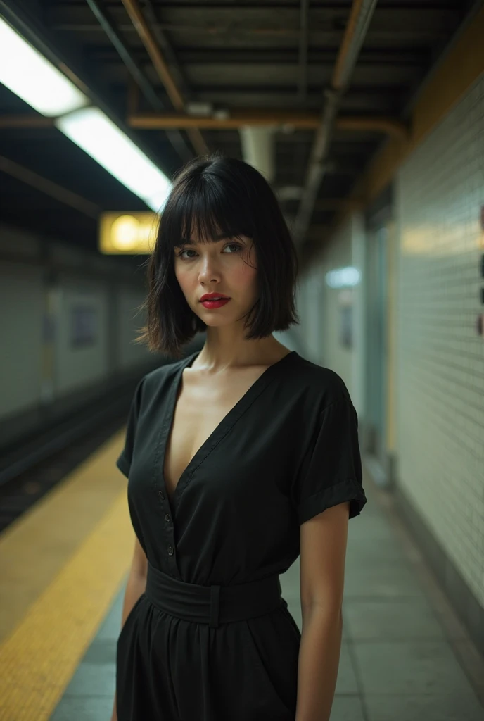 A movie scene of a woman sitting on stairs of a subway station, wearing black transparent dress, legs visible, cleavage visible, blue short hairs, sad expression, portrait, depth of field, bokeh, dark lighting, dark environment, hdr, 4k, 8k, ultra-realistic, professional photography, cinematic color grading, blue and yellow color palette