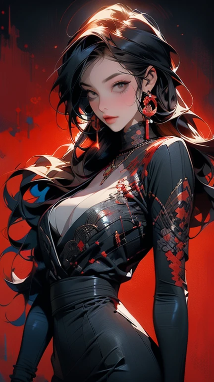 Flat Illustration artwork, ((Angelababy)) in a strapless dress standing in front of simple background, up close, wear dark sunglasses, korean pop-star, big smile, black hair, pretty hands, fringe, simple red background, palm trees, (graffiti wall:1.2), ((Art style by Patrick Nagel)), ((8k, wallpaper, detailed)), strong, courageous, art by Patrick Nagel, music album art cover