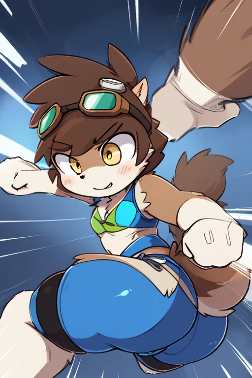 score_9,score_8_up,score_7_up, source_cartoon, source_furry, Furry girl, young, squirrel, brown spiky hair, short spiky ponytail, yellow eyes, small breasts, detailed body fur, ((goggles, blue vest, open clothes, green bikini)), masterpiece, anime style, two tone body fur, brown body fur, clear brown body fur, squirrel tail, detailed face, big eyebrows, detailed eyes, detailed body, beach, clear sky, detailed hands, glistering body, shiny body, skinny, sassy face, (fight, dynamic action shot, speed lines, motion blur, fighter pose, ((punch act, fist, punch focus)), detailed fist, detailed punch, full body, feets with three toes, 3 toes, looking at you, :3, smile, ((electric on punch)), dynamic angle,