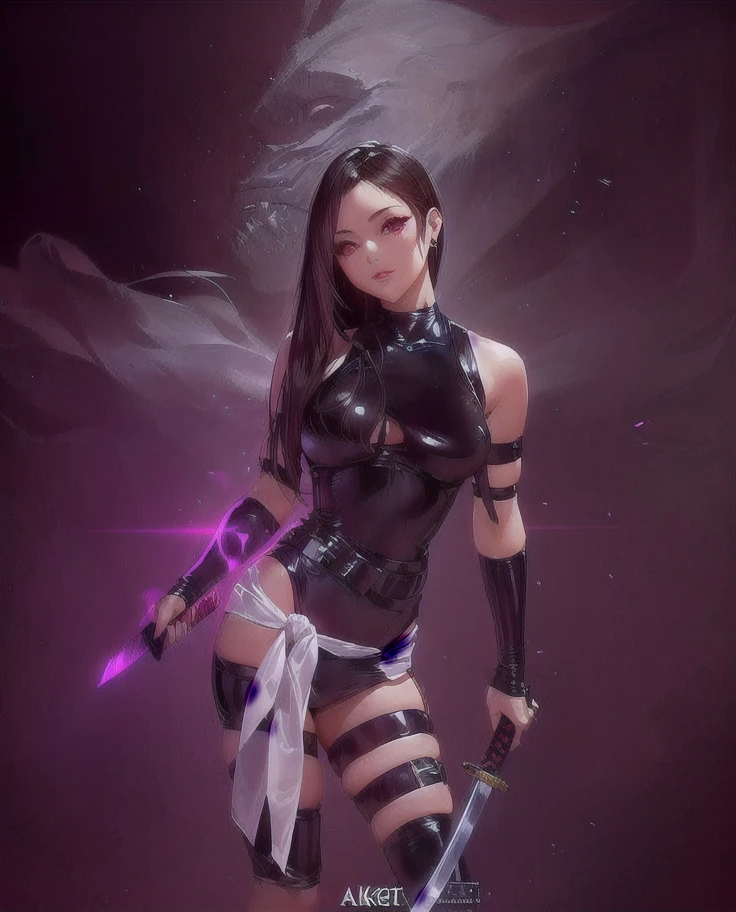Lucy Liu (age 25)(evil sith witch, cybernetic legs, evil tattoos, sexy skin tight evil outfit with purple trim), purple light saber, purple force lightning dances on her