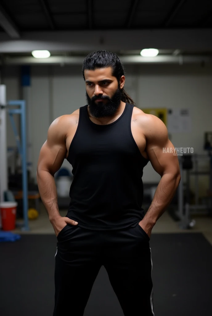 Big hairy bearded strong muscular Persian teacher standing in black underwear, gesturing, teaching a group of boys sitting against a white wall with a large tree in the background.