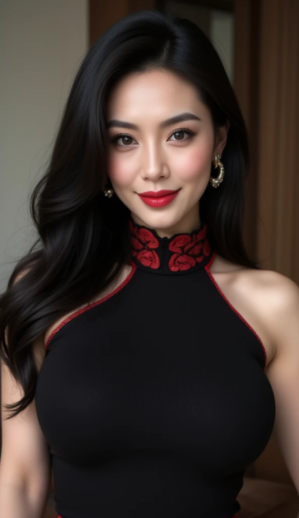 Realistic portrait of Lana Condor, a talented -year-old Jubileu, born under the sign of Taurus, sensitive and delicate, white a graceful height of 1.60 meters and a weight of 47 kilograms. She enchants everyone with her unique beauty, her fair skin and brown eyes accentuate her delicate features, which are enhanced by her long and silky black hair. 78 bust, 56 waist, 80 hips.She is wearing a red lace dress with a plunging neckline and a slit, an elegant and alluring garment. The red color brings a sense of passion and intensity, and the lace adds a touch of delicacy and sophistication, providing an interesting contrast with the vibrant red. The slit in the dress adds a hint of boldness and subtly reveals her legs, giving a sensual and elegant touch, creating an attractive and provocative appearance. The neckline partially showcases her beautiful breasts. The high-heeled shoes elongate her silhouette, giving her an elegant and confident posture, adding even more glamour and sophistication to a refined and seductive look. The setting is a studio designed with a white background, providing a neutral and versatile canvas. The soft and elegant lighting spreads throughout the space, creating a pleasant and welcoming atmosphere. The soft tones of light highlight the forms and elements with subtlety, providing a sense of sophistication to the well-lit environment and an elegant aesthetic. The studio lighting consists of three types of lights: the main light, the backlight, and the fill light. The focus is on the shoulders and hands, highlighting expressive gestures, capturing the essence of emotions and messages, making the image more engaging and impactful, adding depth and meaning, red lips, chromatic aberration abuse, UHD, retina, masterpiece, ccurate, anatomically correct, textured skin, super detail, high details, high quality, award winning, best quality, highres, 1080P, HD, 4K, 8k, 16k --q 5
