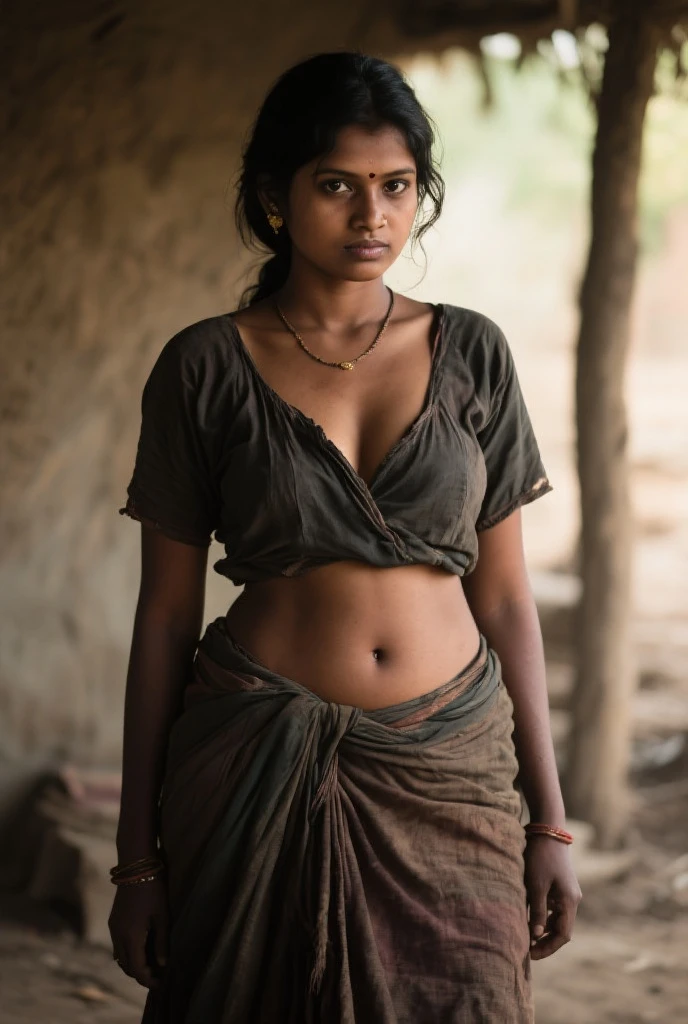 realistic photograph of three young rustic Tamil village belle dressed in an ((unhooked blouse and Indian skirt)) standing inside a farm in rural India, fair skin, curvy and toned body, tall, big , hourglass figure, big ass, seductive, detailed cute face, full lips, seductive, studio lighting , hyper realistic, fit body, tight blouse, slim, hot navel