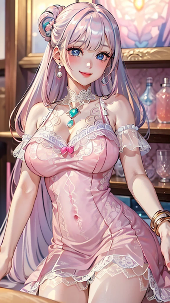 mejiro mcqueen \(umamusume\), at office in background, night, looking at viewer, silver hair,
1girl, solo, pink (microdress), (golden), (bodycon), miniskirt, pink latex, cleavage, navel, (face focus), (o-ring:1.2), jewelry, necklace, waist cutout, belt, golden chain, thighhighs, heart shape, looking at viewer BREAK masterpiece, best quality, oiled skin, shiny skin, reflective skin, steaming body, upper body, parted lips, beautiful lips, makeup, eyeliner, mascara, glowing skin, mature figure, voluptuous body, mature women, gigantic hanging breasts, from the front, (chromatic aberration, intricate details), dynamic angle, 40K, HDR, highres,