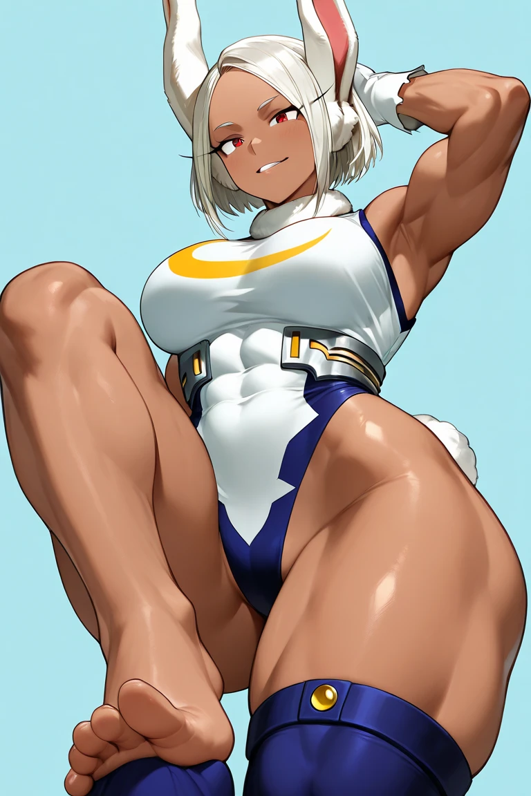 (((dark tan skin))) dark-skinned female, tanned　Dark brown skin　　Strike Witches　Kaneshiya Shitara　　Blue Slingshot　Fighting Pose　forest　magic hour　erect nipples　evil grin　pubic hair
