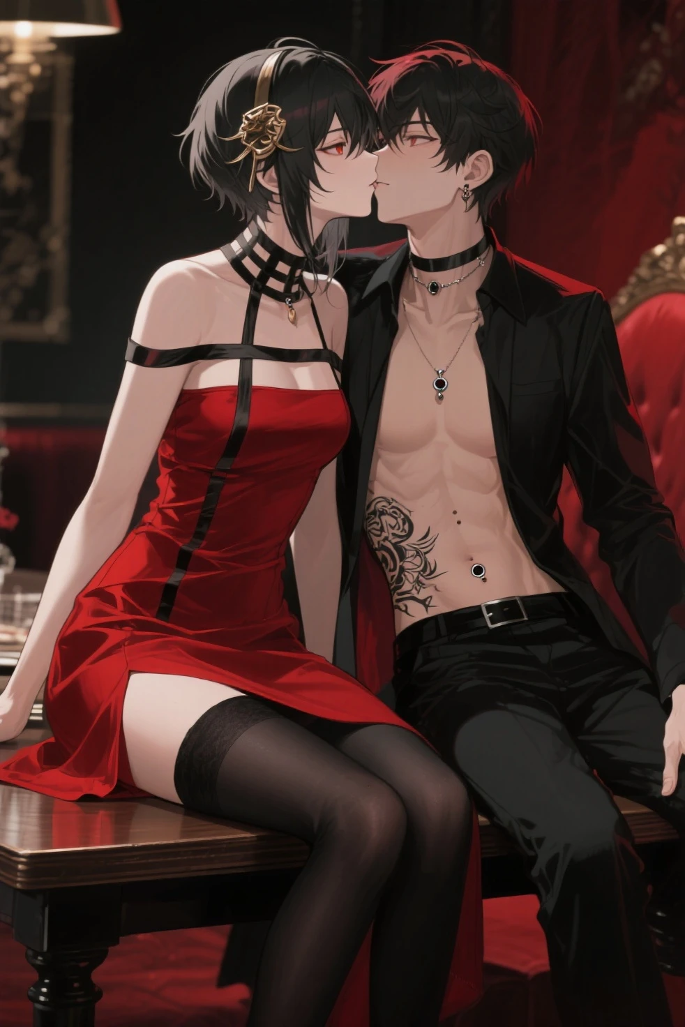 Alexander,Femboy,(Femboy body:1.3),(Absurd, 8K, 4K, Tabletop, Extremely detailed:1.2), Highest quality, Perfect Anatomy,Perfect Face,Heart-shaped pupils,Browsing Caution,nude,(Boy with penis:1.5),Masterpiece Penis,choker,hairpin,Sweaty,shortness of breath,Hairy,Spread your legs,Opening the anus,(night:1.1),earrings,necklace,ring,(Long Hair:1.8),(Covered in semen:1.1),Stretch your legs,Lift your legs,Sitting,(Acme:1.2),(Raise your arms:1.2),,Close your eyes,(Mischievous Smile,:1.3),sadistic,sadistic,(Sharp eyes:1.9),(Black Dress:1.1),(Beautiful redhead:1.3),Red eyes,(Devil's World:1.1),Western-style room,Handsome,nice,nice face,(Handjob:1.5),(Two boys facing each other:1.5),(two people look at each other:1.2)