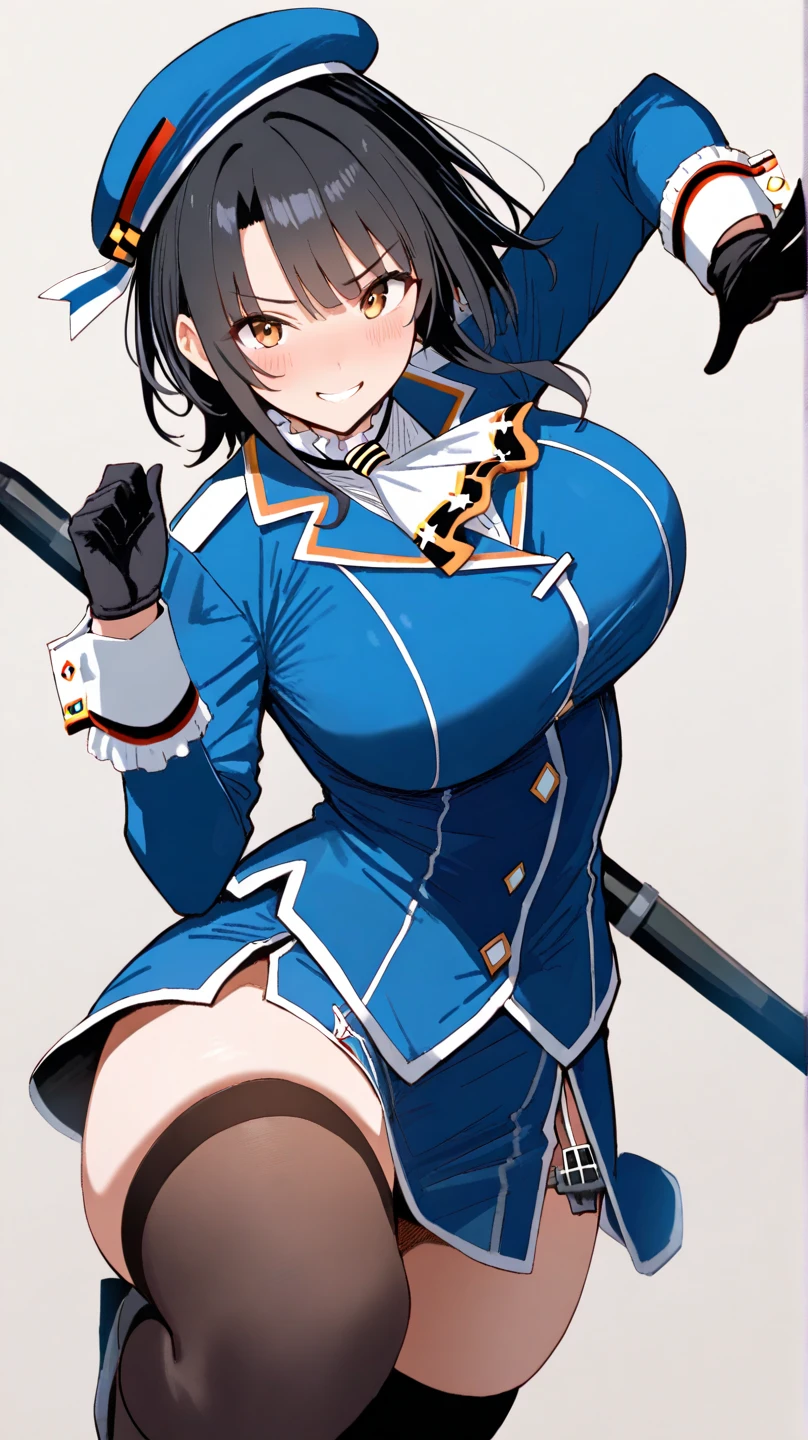 (masterpiece, best quality:1.2),illustration,8k,hd,1girl,solo,upper body,(portrait:1.2),takao \(kancolle\),black hair,red eyes,short hair,large breasts,long sleeves,hat,black gloves,black thighhighs,miniskirt,blue skirt,military uniform,beret,garter straps,blue jacket,blue headwear,pencil skirt,butt, panty shot, standing, ass, NSFW