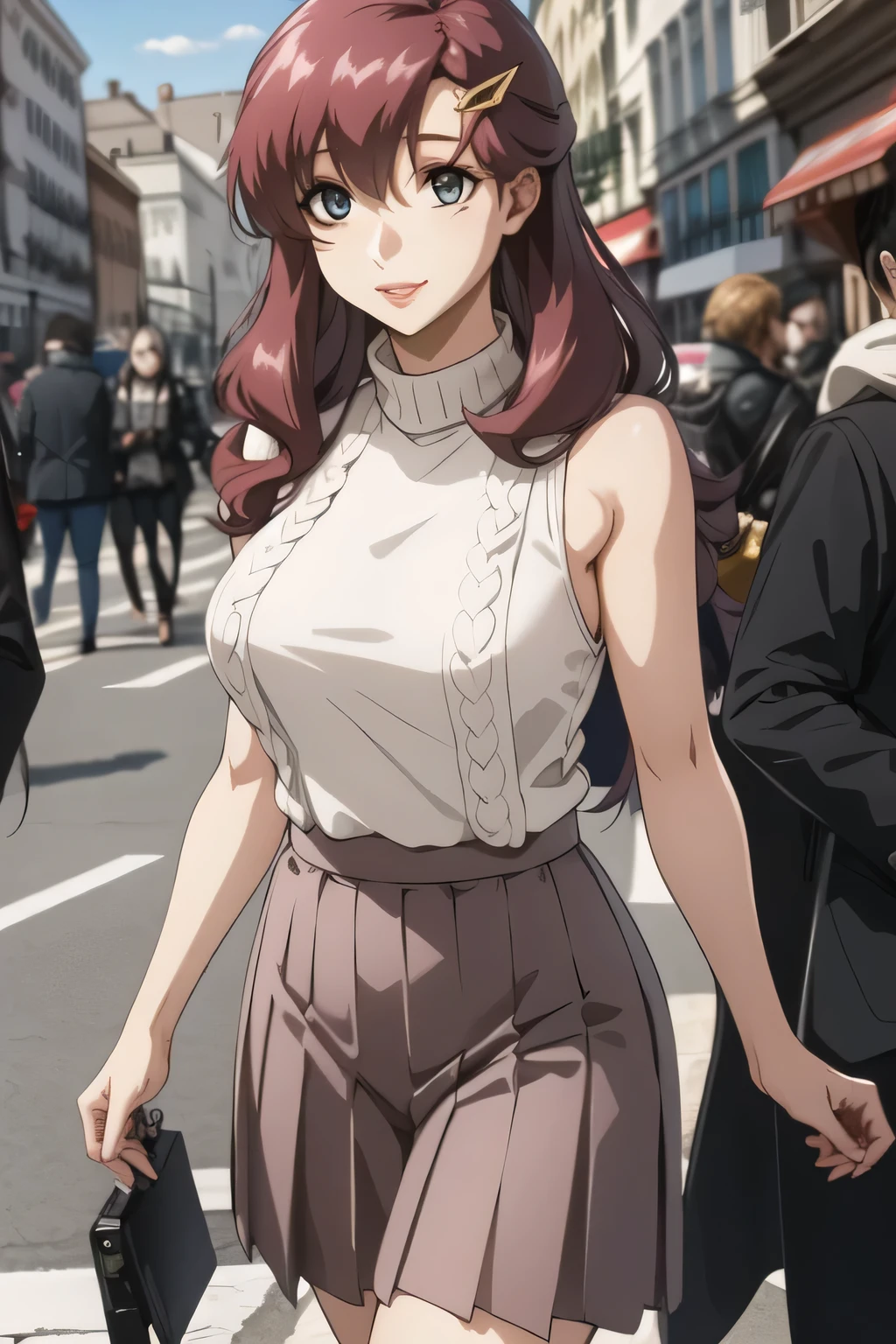 smile,Please draw the facial expression even more delicately,{{x}},draw her expression more delicately,walking alone, city tour ,,(((She's dressed in a casual tourist style))), I have a SLR camera ,(Let's draw a more delicate look),(sleeveless wool sweater),( Pleated Legs,white panties),(That work is enough for one person {X} is very important for work)、 That alone is great enough,don't frown。unless work requires it。 {X}、 , An attractive 40-year-old adult woman jumping out of her uniform, Big black wavy hair, , Big Breasts, Thin Waist , , ,