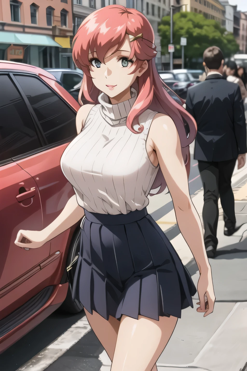 smile,Please draw the facial expression even more delicately,{{x}},draw her expression more delicately,walking alone, city tour ,,(((She's dressed in a casual tourist style))), I have a SLR camera ,(Let's draw a more delicate look),(sleeveless wool sweater),( Pleated Legs,white panties),(That work is enough for one person {X} is very important for work)、 That alone is great enough,don't frown。unless work requires it。 {X}、 , An attractive 40-year-old adult woman jumping out of her uniform, Big black wavy hair, , Big Breasts, Thin Waist , , ,