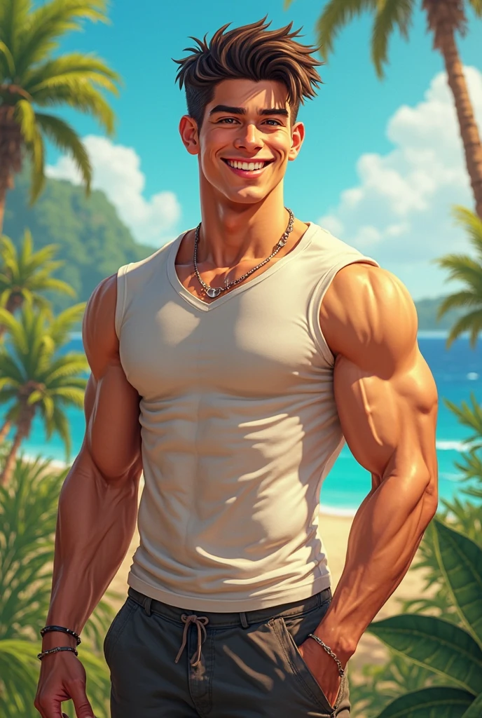 Loid forger in undershirt and beach shorts