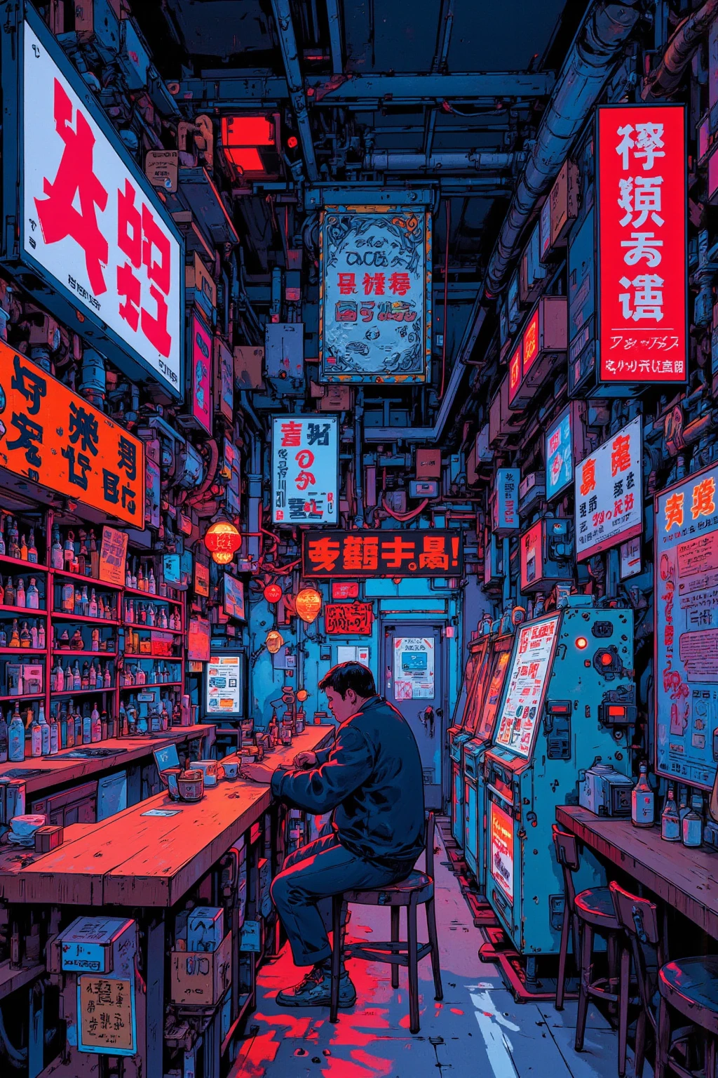 This image shows a unique and decadent sci-fi arcade-themed hideaway bar,Male bar owner,neon lights and colorful LED signs shine inside the store、Arcade enclosures are lined up by the wall,Retro-futuristic jukebox,天井は配管がむき出しのindustrial vibeでバーカウンターにはピクセルアートの装飾,chair,Shelves lined with liquor bottles,Colorful cocktails,Moody and Mysterious,Inspired by Katsuhiro Otomo,80s sci-fi comic art,Pixels on the wall Art game poster,Cozy sofa seating for small groups,A space-like hideaway bar full of playfulness and danger,Mad man at the bar counter,industrial vibe,Mysterious lighting that enhances the atmosphere,  retro games,A sense of adventure,Flyer posters decorate the space,In a colorful and creatively designed environment,masterpiece,very real ,asymmetrical background,full color , anatomically accurate, exquisite ,Secret Base Bar Atmosphere,Decadent Atmosphere,Not open、Enclosed, closed space,Post-Apocalypse,Posthumous cowboy