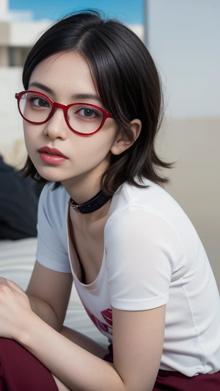 12 years、Down blouse , munechira,(((Small breasts))),Flat Chest ,avert your eyes, Bend your body , From above , close, necklace , Detailed Bra Overlap T-Shirt, short hair,8k, highest quality, masterpiece, Ultra-high resolution, (realism: 1.4), Original photo, (Real skin texture: 1.3)、Red frame glasses、Young face、Young body、On all fours
