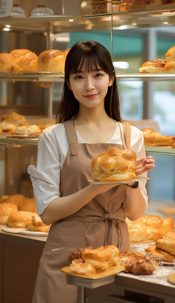 masutepiece、hight resolution、The bakery of the future、Woman making delicious bread、30-year-old girl、1Girl clerk、Looking at the camera、smil、Finish as shown in the photo、Bread and beauty、the skin is white and beautiful、Maroon gradient color、Hair should be tied back、