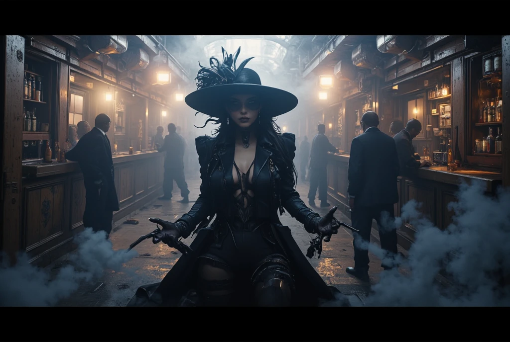 A sexy and charming dark vampire in steampunk clothes performing on stage in front of an audience of undead