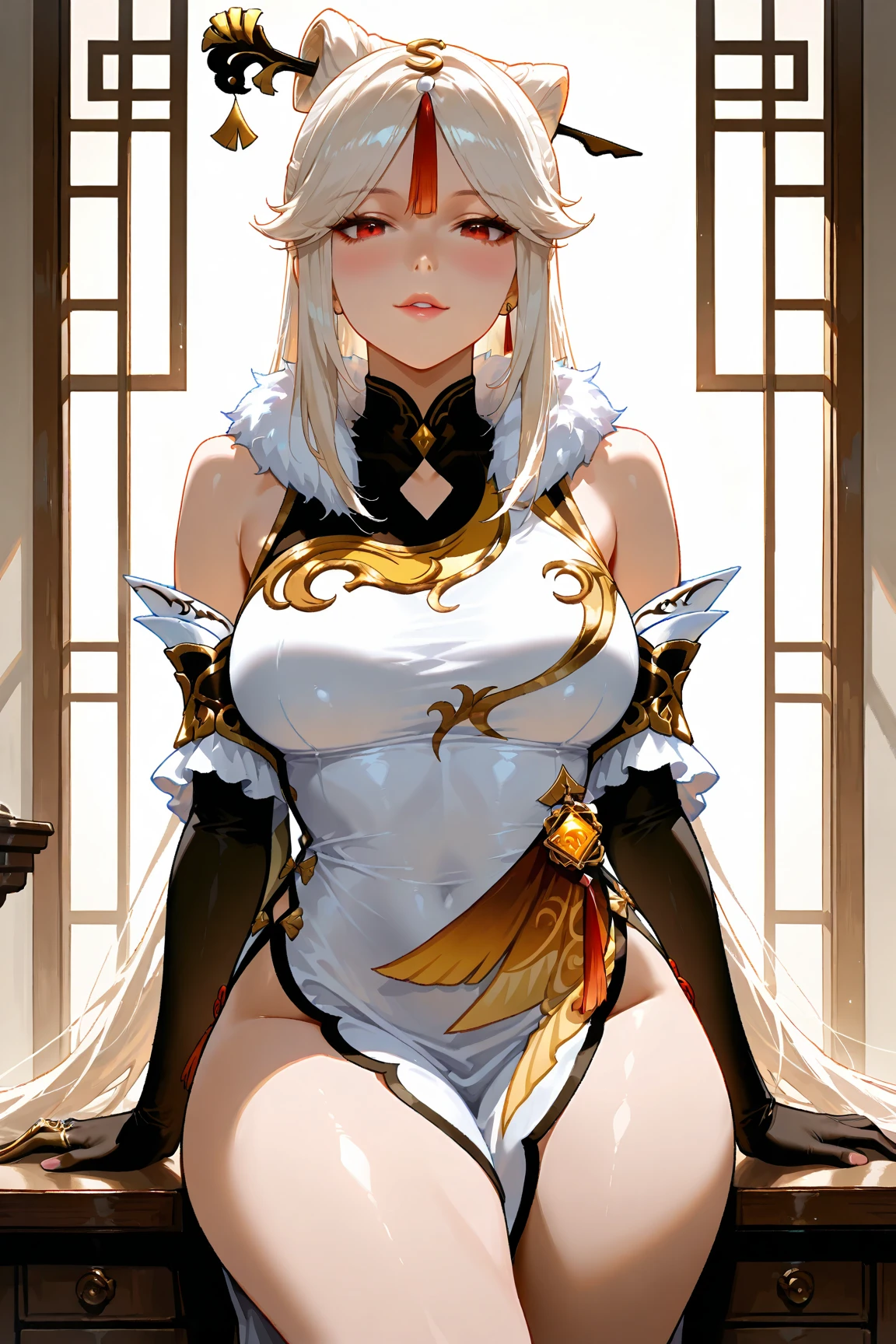 kpop idol girl, cute female child, , White braids, intricate face details, 详细的脸, golden-ratio face, Bigchest, The large, big cuvy hips, Big thighs, full bodyesbian, 64k, hyper HD, HighDynamicRange, high qulity, high detal, ultra - detailed, The  very detailed, photograph realistic, hyper realisitc, Artistic photos, clarify the details, Body details, masterpiece of intricate artwork, Hot topics on artstation, rage face, Wearing thigh-length shirts, Look through clothes, Sweaty skin, see through chest