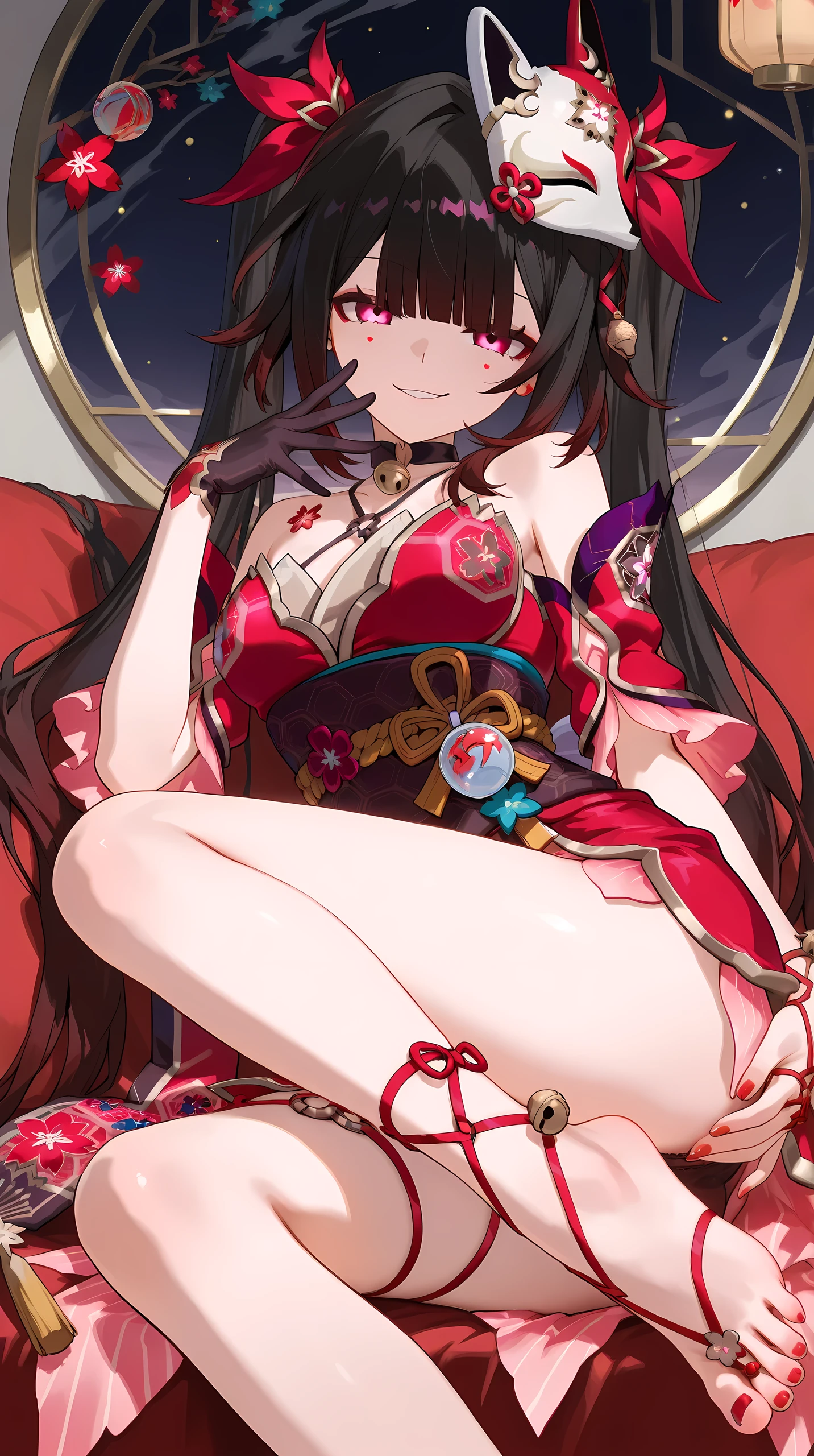 Sparkle di honkai Star rail, posing sexy while showing off her very beautiful feet, five very detailed toes, red nail polish, smug expression
