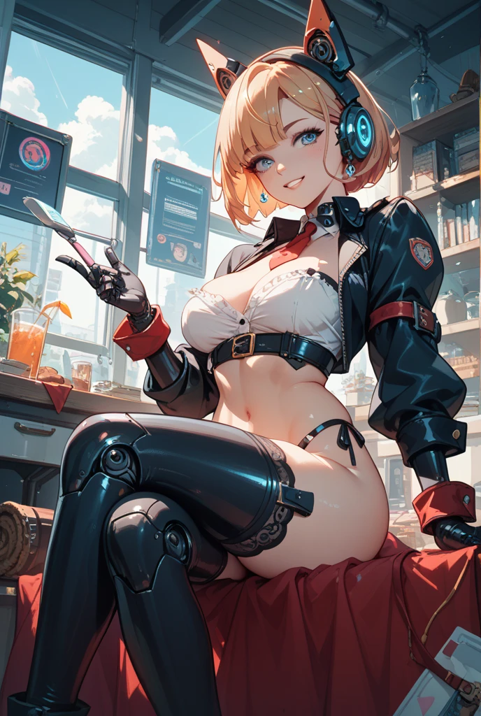 Top quality, masterpiece, fine detail, super detailed, accurate depiction, highly detailed 8k wallpaper, beautiful mechanical woman, solo, (half closed eyes, green eyes), seductive smile, (sexy mechanical woman: 1.3), five perfect fingers, (white exoskeleton suit: 1.1), (mechanical joints, echanical arms, mechanical legs: 1.4), (exposed shoulders, exposed armpits, exposed thighs), (long eyelashes, red lips), rabbit ears, rabbit tail, headphone, (blonde hair, one length, bob cut), (forehead:1.3), cyberpunk, (bar), counter, wine, whiskey, bourbon,