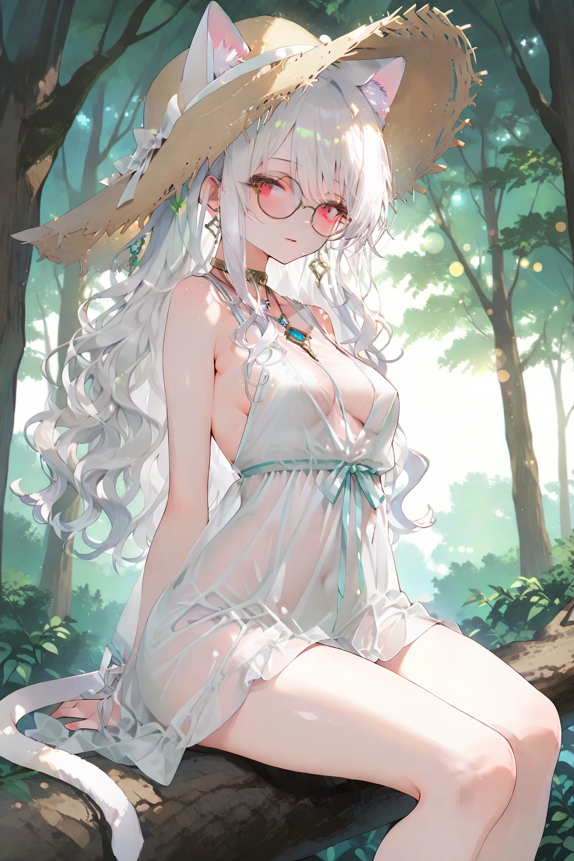 Fae girl, white hair, green eyes, eyeshadow, twin braids, white bikini, see through dress, skinny, narrow waist, flat stomach, long legs, lying in a forest, huge breasts, fae, forest, thicc, (fae:1.4), fae girl in a forest, thicc, (nightgown:1.4), leotard, skin blush, see through clothes, groin, cleavage