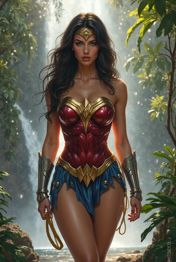 Gal Gadot, micro skirt, low-cut blouse, 20 years old, natural hair, realistic portrait, 4k, supreme detail, highly detailed, smooth, sharp focus, cinematic lighting, facing the camera, dark studio, rim lighting, two-tone lighting, poorly lit, discreet, full body, muscular body, sexy pose, back looking at the viewer, with detailed and proportional feet and hands, showing movement and expression, standing, ancient greek ruins, lake, trees,